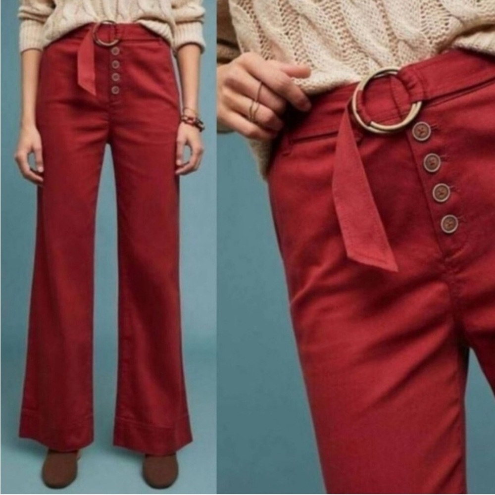 Anthropologie High Rise Button Fly Cassidy Brick Red Wide Leg Pants size 4